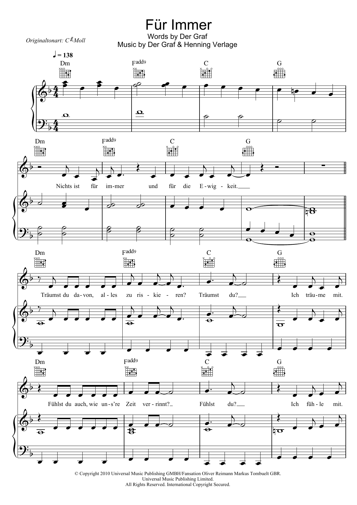 Download Unheilig Für Immer Sheet Music and learn how to play Piano, Vocal & Guitar (Right-Hand Melody) PDF digital score in minutes