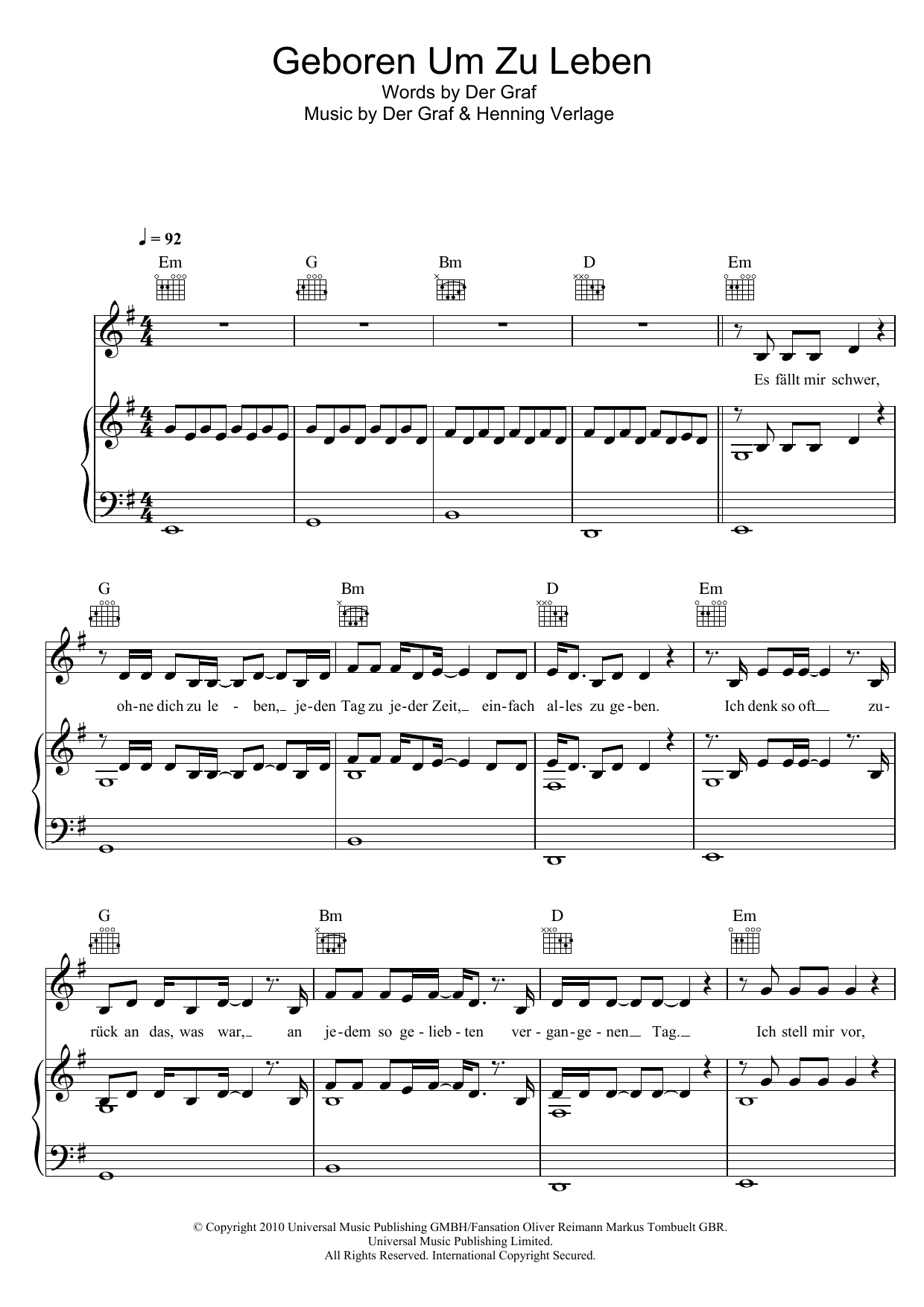 Download Unheilig Geboren Um Zu Leben Sheet Music and learn how to play Piano, Vocal & Guitar (Right-Hand Melody) PDF digital score in minutes