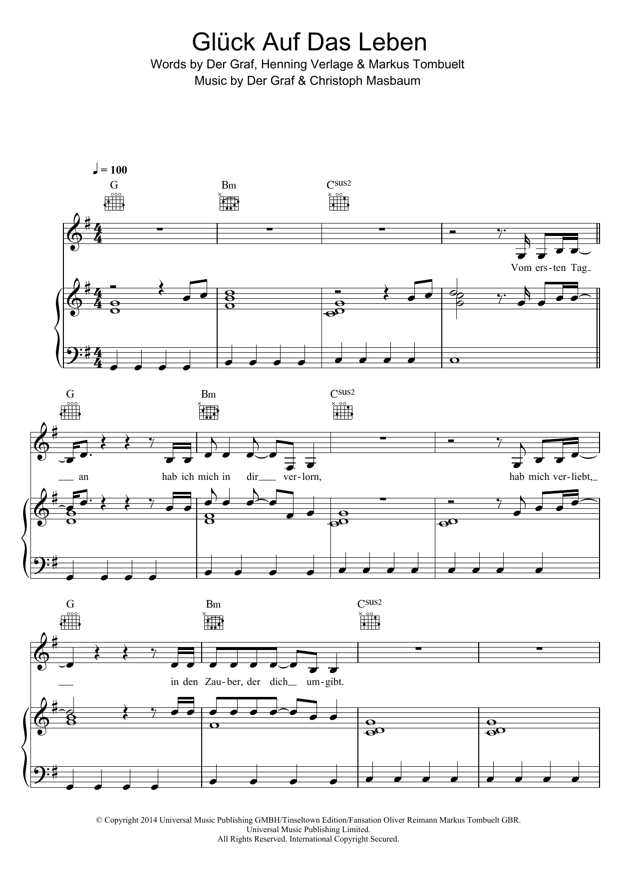 Download Unheilig Glück Auf Das Leben Sheet Music and learn how to play Piano, Vocal & Guitar (Right-Hand Melody) PDF digital score in minutes