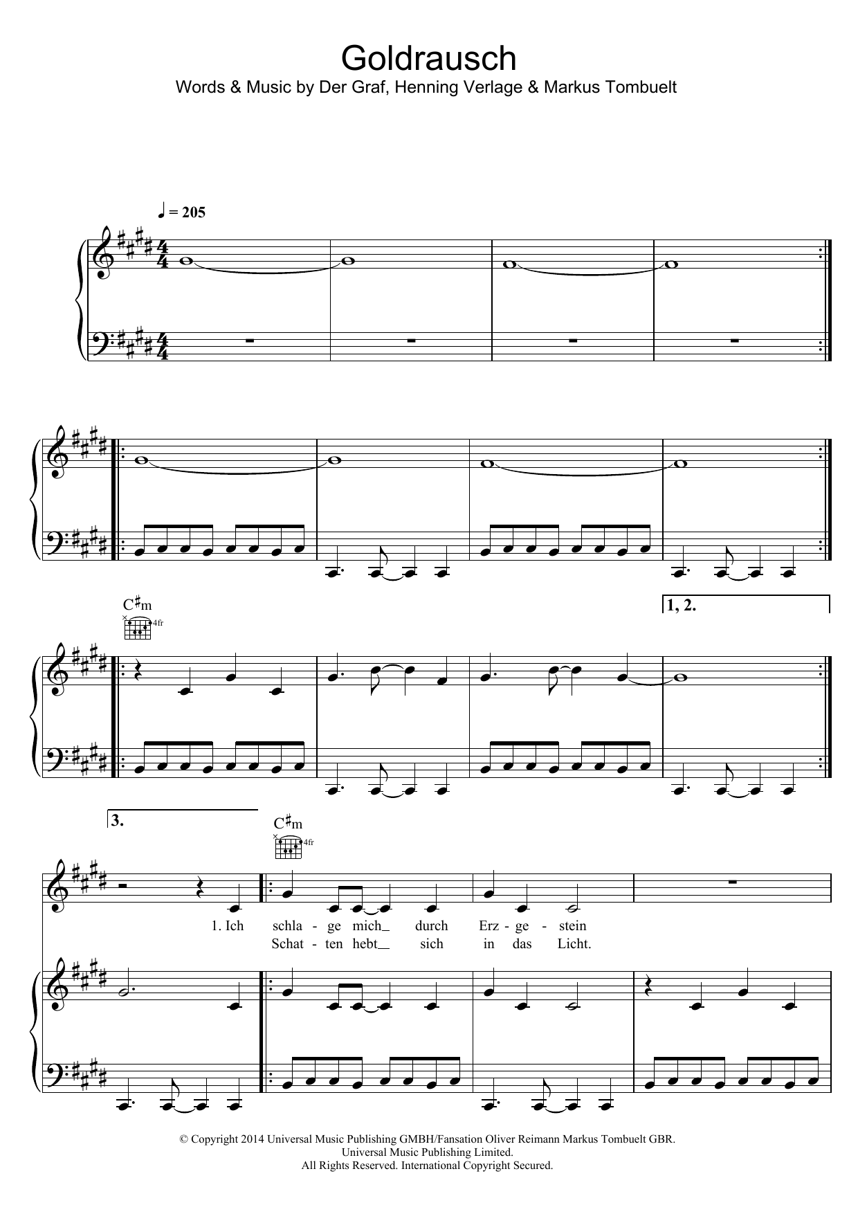 Download Unheilig Goldrausch Sheet Music and learn how to play Piano, Vocal & Guitar (Right-Hand Melody) PDF digital score in minutes