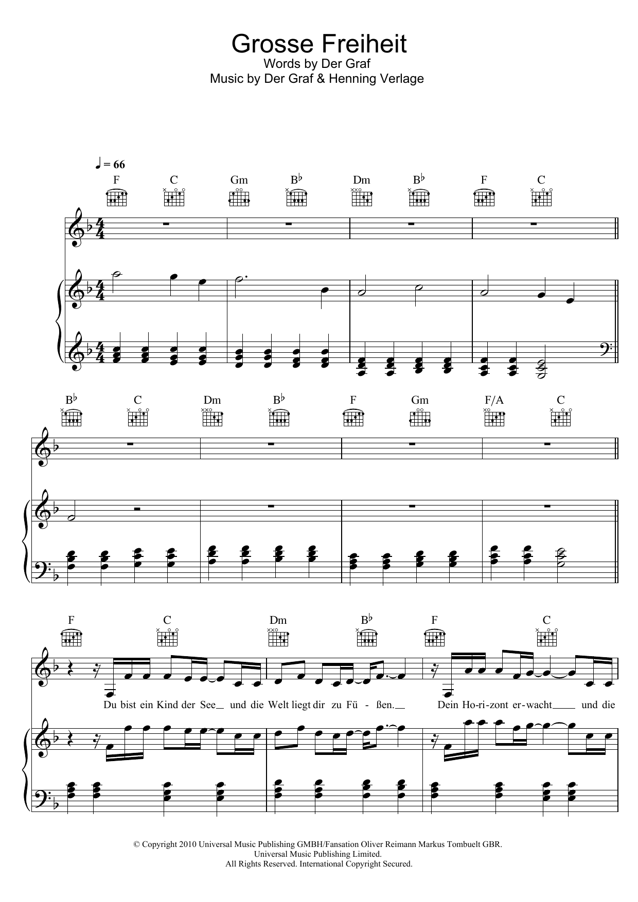 Download Unheilig Grosse Freiheit Sheet Music and learn how to play Piano, Vocal & Guitar (Right-Hand Melody) PDF digital score in minutes