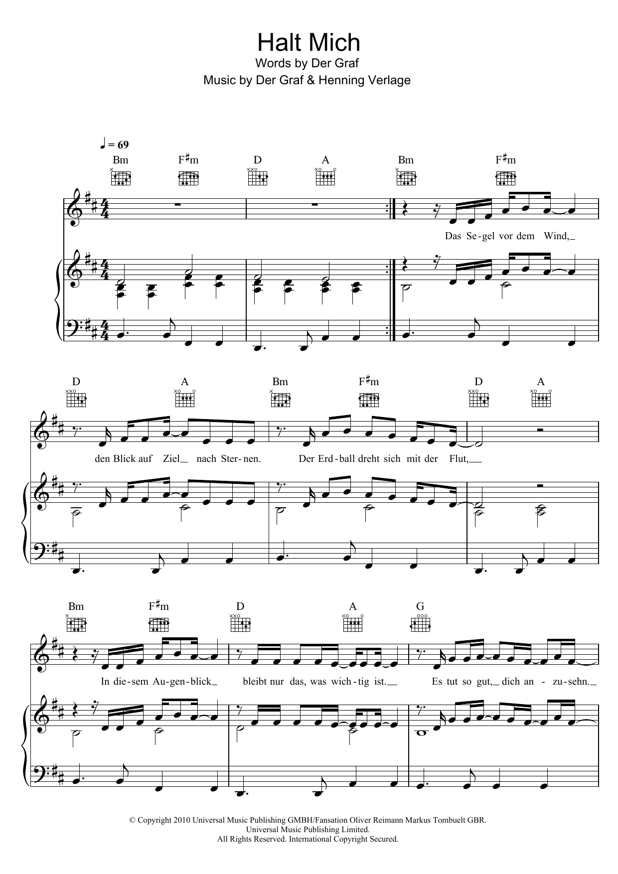 Download Unheilig Halt Mich Sheet Music and learn how to play Piano, Vocal & Guitar (Right-Hand Melody) PDF digital score in minutes