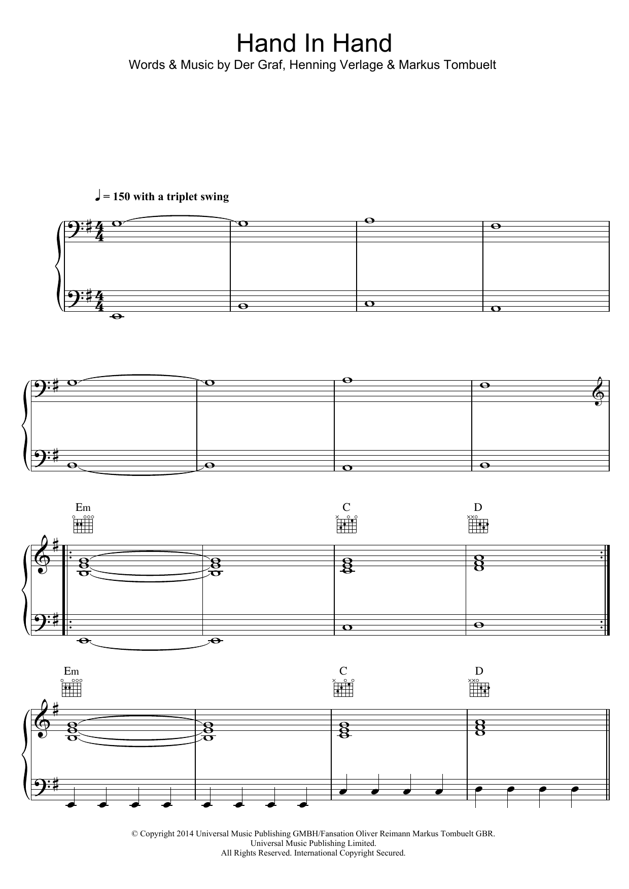 Download Unheilig Hand In Hand Sheet Music and learn how to play Piano, Vocal & Guitar (Right-Hand Melody) PDF digital score in minutes