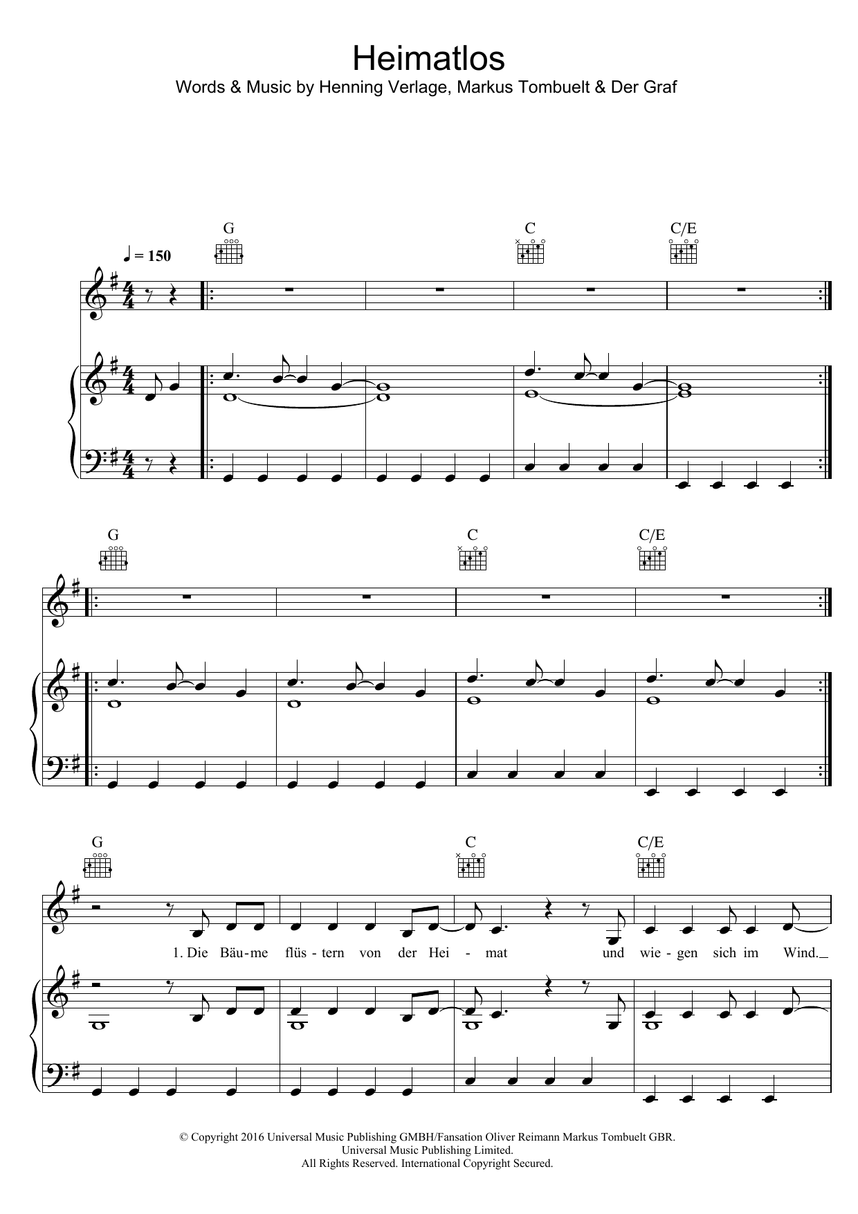 Download Unheilig Heimatlos Sheet Music and learn how to play Piano, Vocal & Guitar (Right-Hand Melody) PDF digital score in minutes