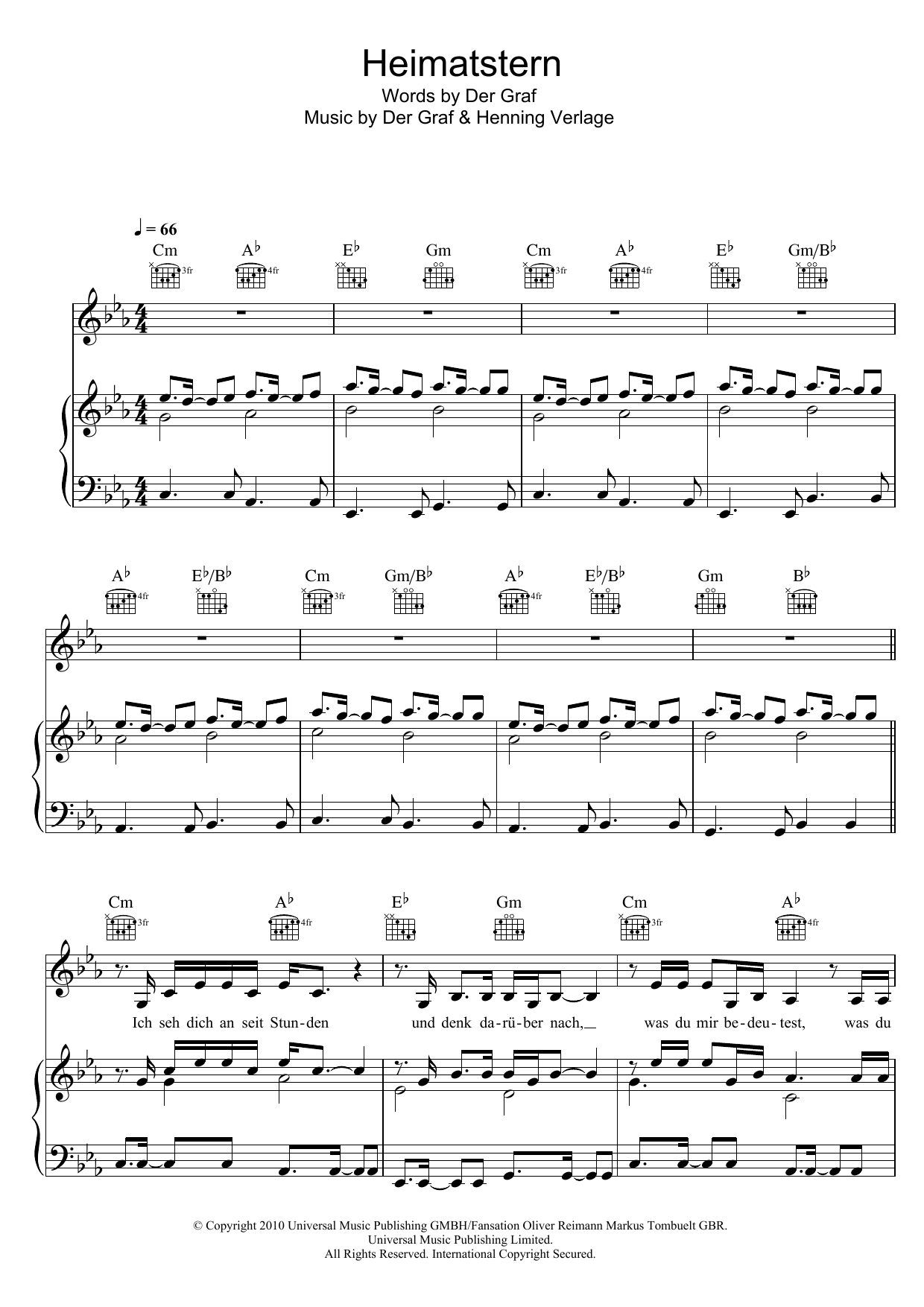 Download Unheilig Heimatstern Sheet Music and learn how to play Piano, Vocal & Guitar (Right-Hand Melody) PDF digital score in minutes