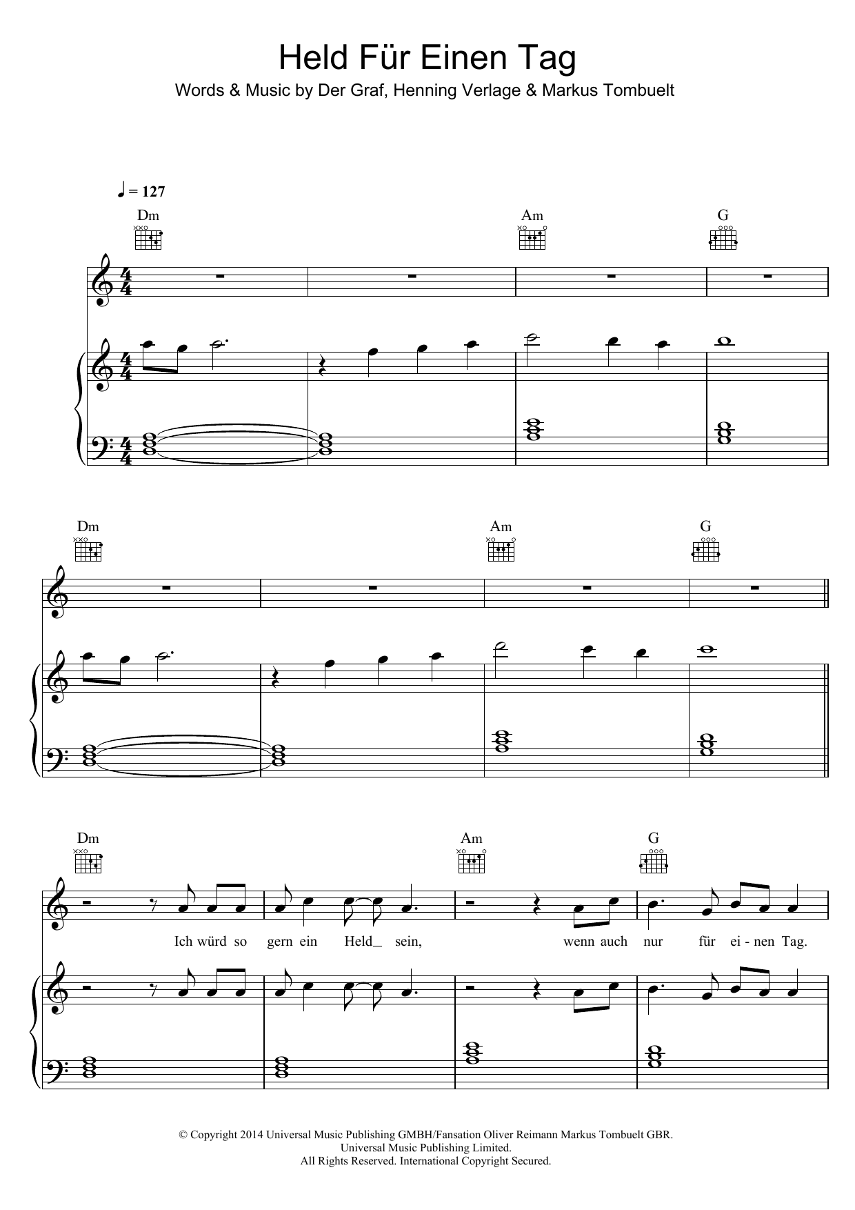 Download Unheilig Held Für Einen Tag Sheet Music and learn how to play Piano, Vocal & Guitar (Right-Hand Melody) PDF digital score in minutes