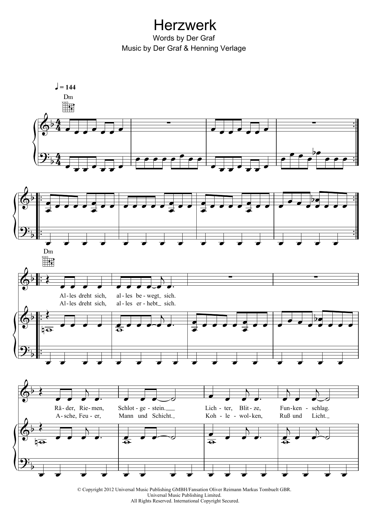 Download Unheilig Herzwerk Sheet Music and learn how to play Piano, Vocal & Guitar (Right-Hand Melody) PDF digital score in minutes