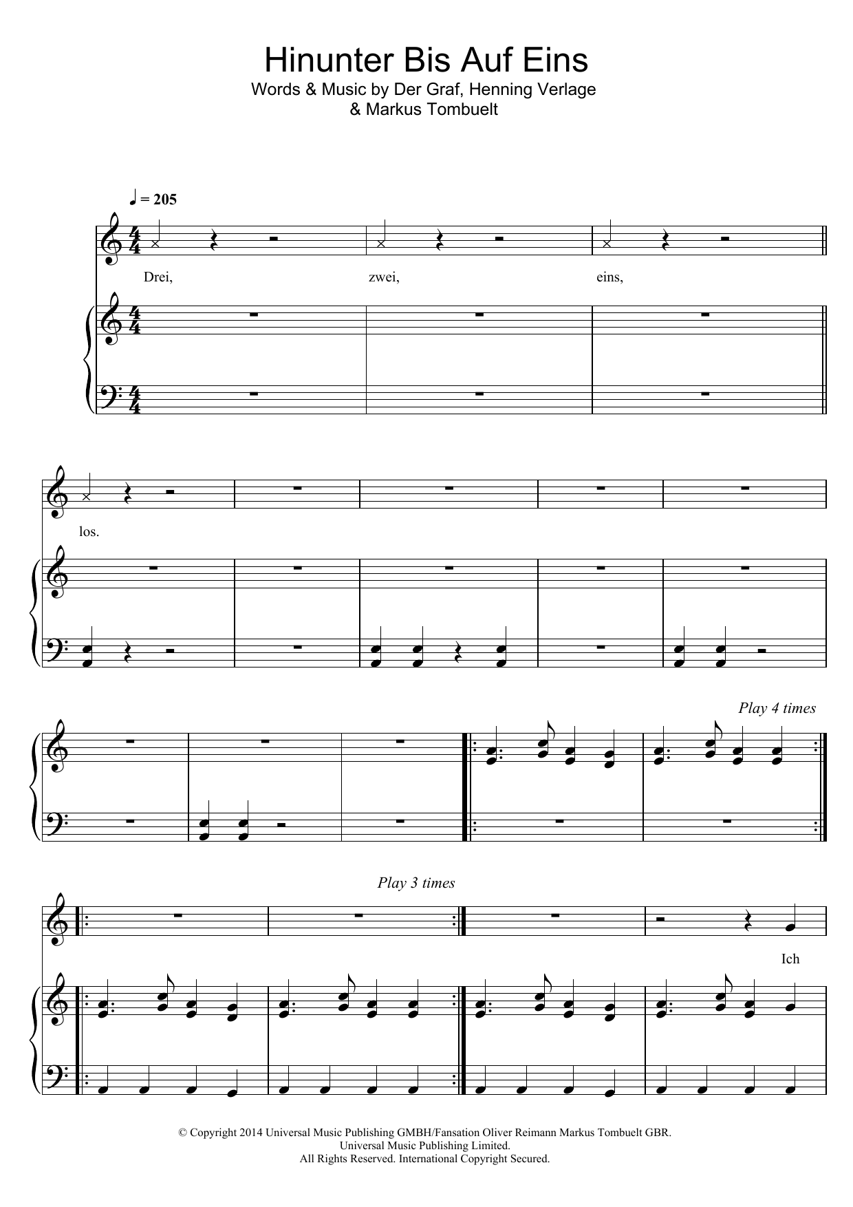 Download Unheilig Hinunter Bis Auf Eins Sheet Music and learn how to play Piano, Vocal & Guitar (Right-Hand Melody) PDF digital score in minutes