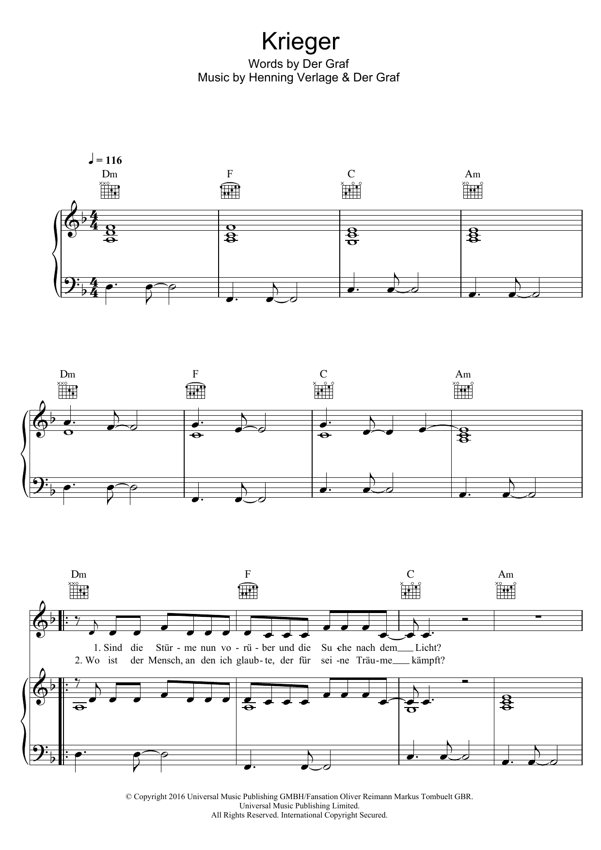 Download Unheilig Krieger Sheet Music and learn how to play Piano, Vocal & Guitar (Right-Hand Melody) PDF digital score in minutes