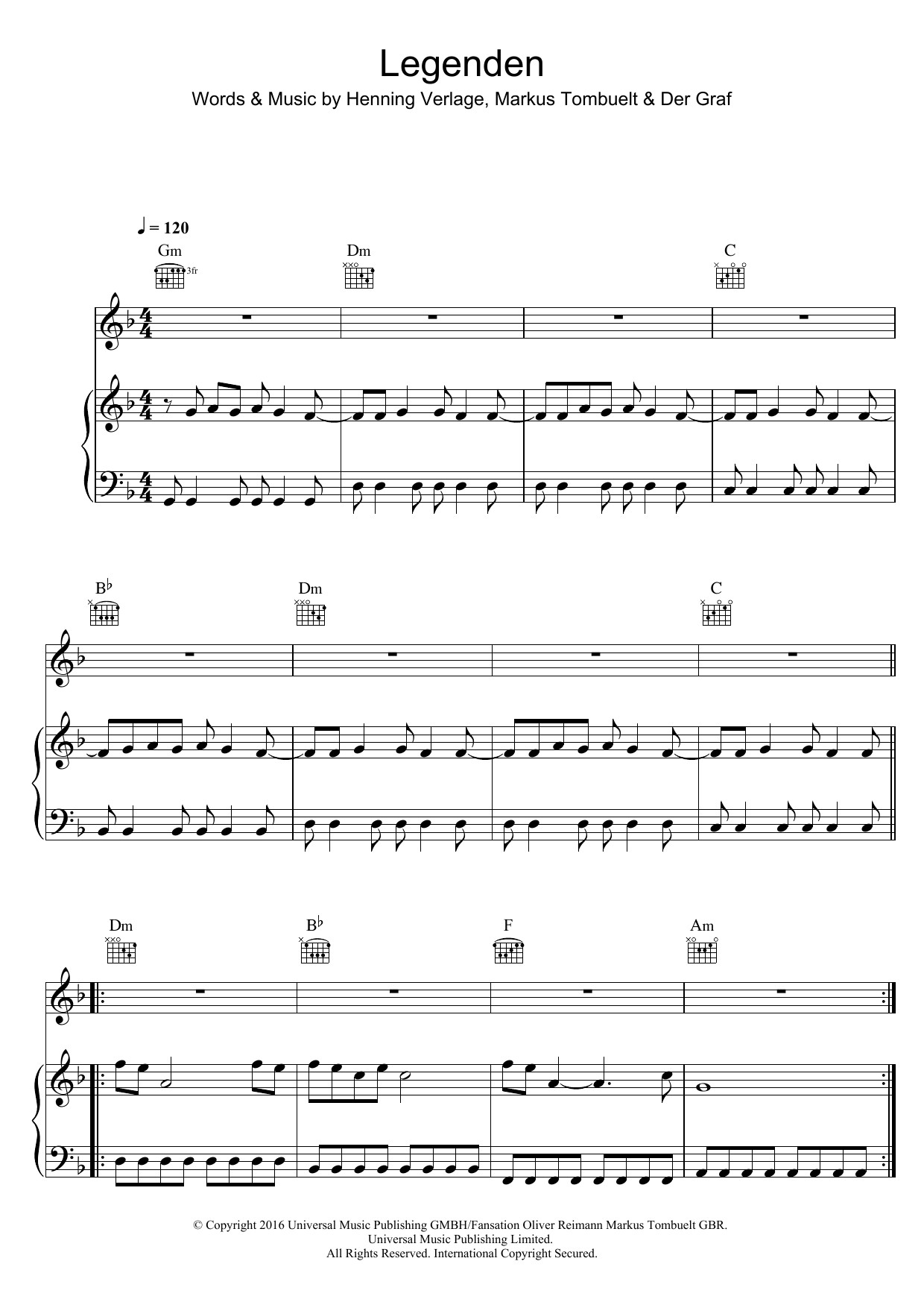 Download Unheilig Legenden Sheet Music and learn how to play Piano, Vocal & Guitar (Right-Hand Melody) PDF digital score in minutes