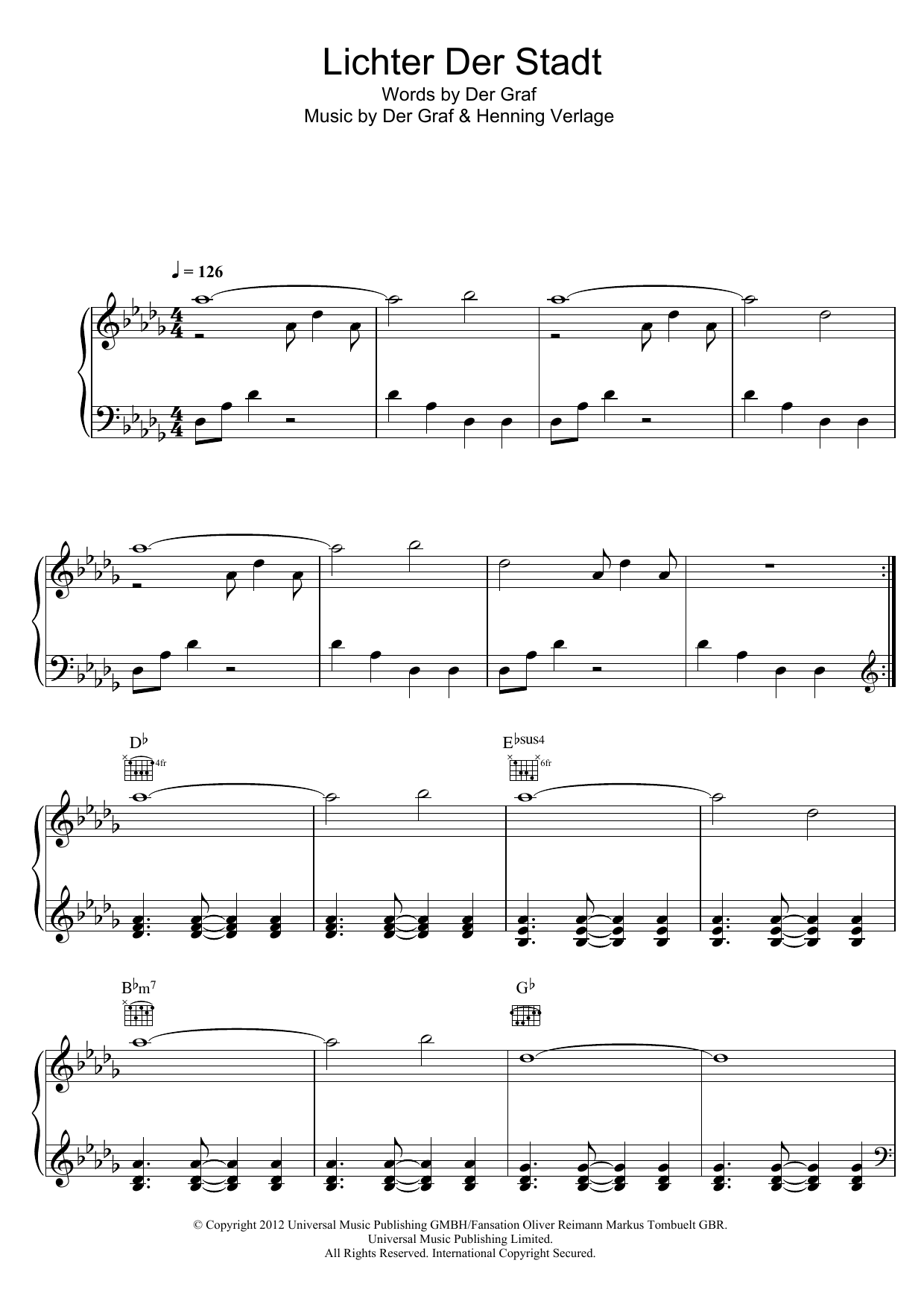 Download Unheilig Lichter Der Stadt Sheet Music and learn how to play Piano, Vocal & Guitar (Right-Hand Melody) PDF digital score in minutes