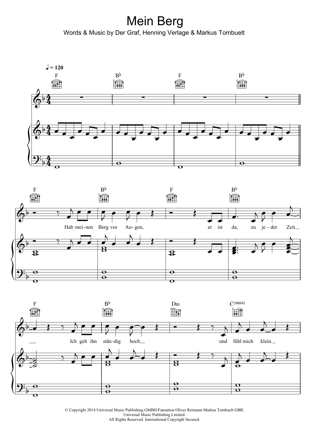 Download Unheilig Mein Berg Sheet Music and learn how to play Piano, Vocal & Guitar (Right-Hand Melody) PDF digital score in minutes