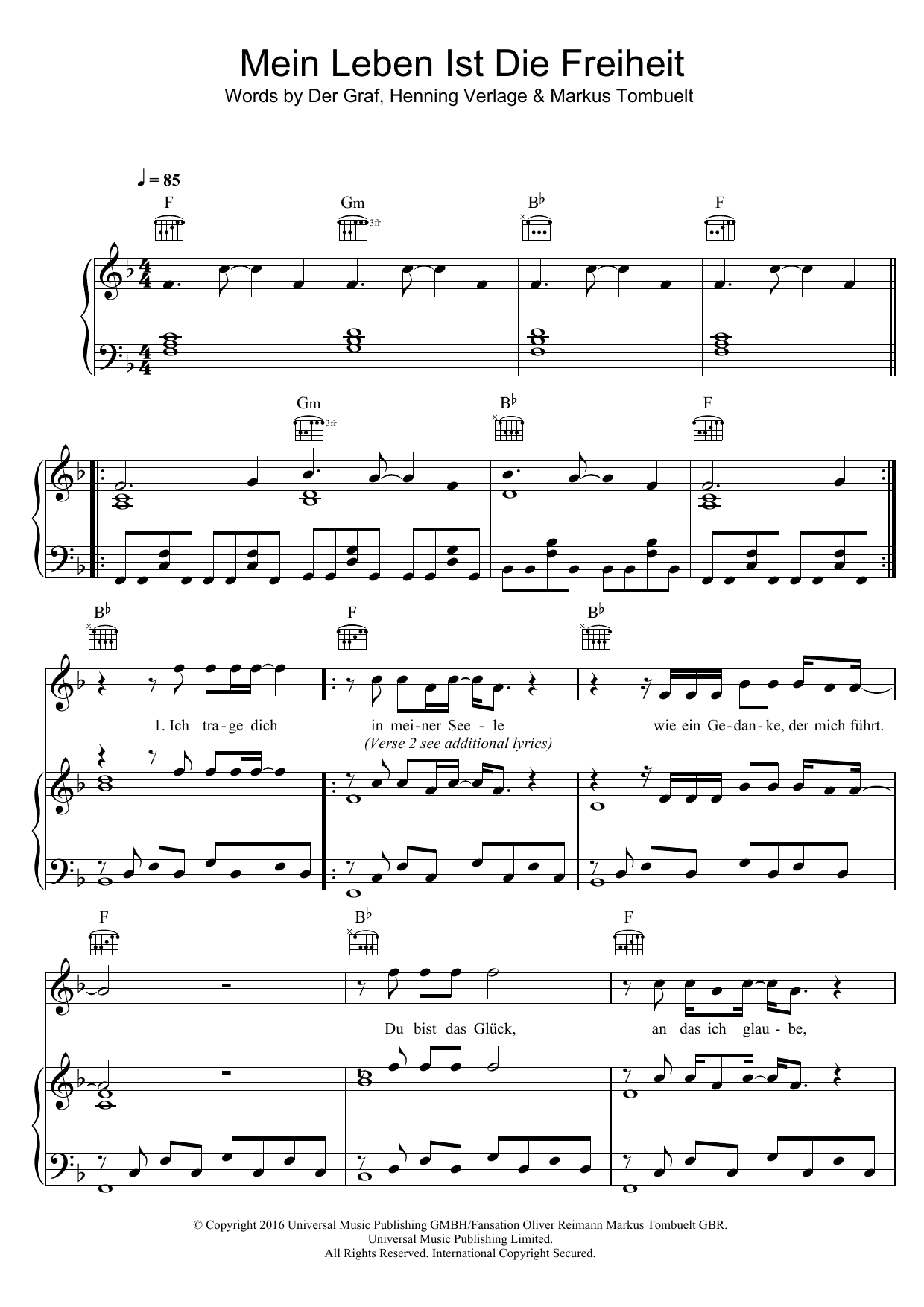 Download Unheilig Mein Leben Ist Die Freiheit Sheet Music and learn how to play Piano, Vocal & Guitar (Right-Hand Melody) PDF digital score in minutes