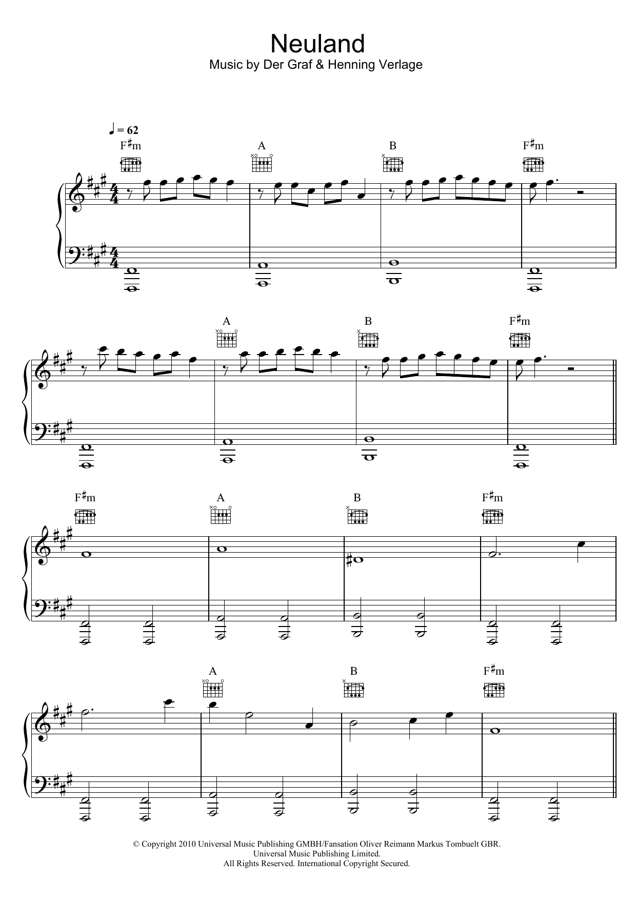 Download Unheilig Neuland Sheet Music and learn how to play Piano, Vocal & Guitar (Right-Hand Melody) PDF digital score in minutes