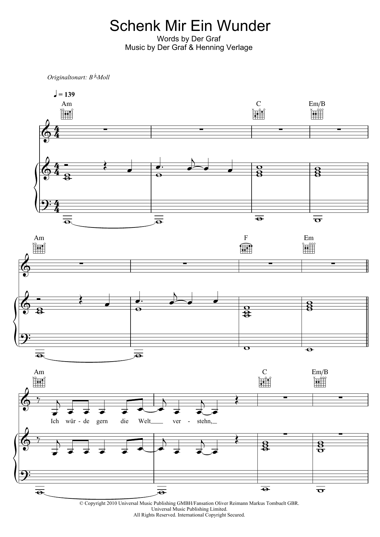 Download Unheilig Schenk Mir Ein Wunder Sheet Music and learn how to play Piano, Vocal & Guitar (Right-Hand Melody) PDF digital score in minutes