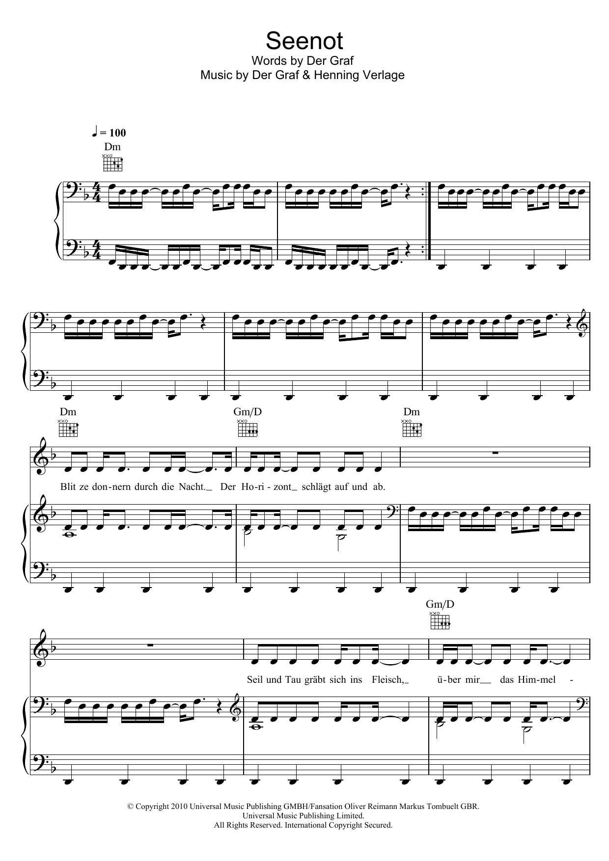 Download Unheilig Seenot Sheet Music and learn how to play Piano, Vocal & Guitar (Right-Hand Melody) PDF digital score in minutes