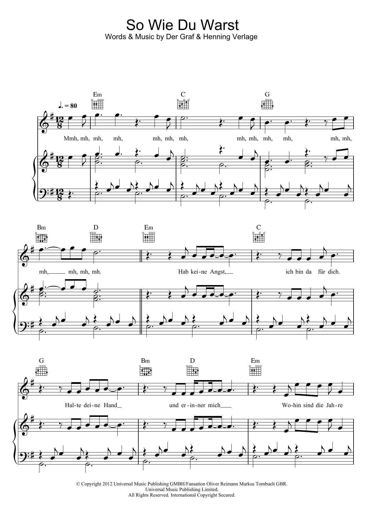 Download Unheilig So Wie Du Warst Sheet Music and learn how to play Piano, Vocal & Guitar (Right-Hand Melody) PDF digital score in minutes