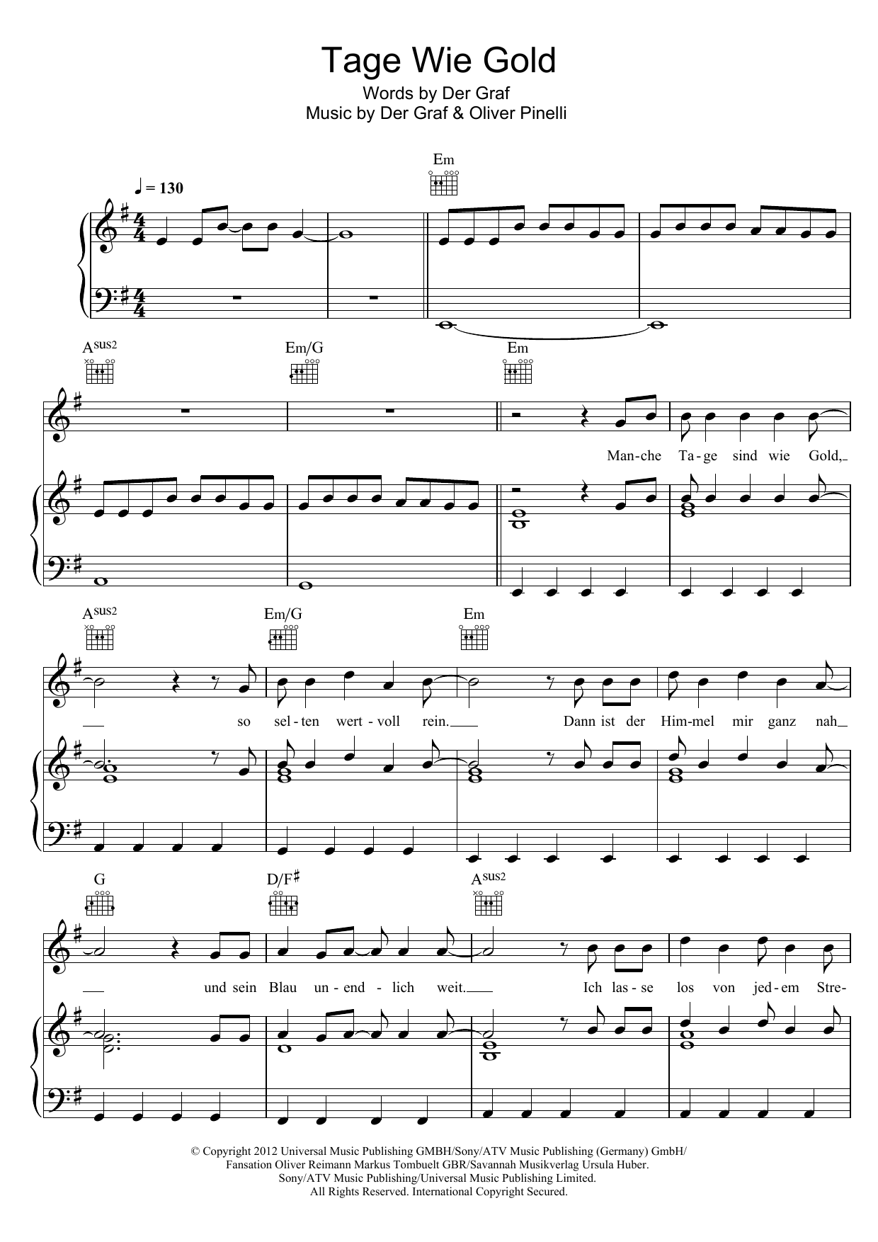Download Unheilig Tage Wie Gold Sheet Music and learn how to play Piano, Vocal & Guitar (Right-Hand Melody) PDF digital score in minutes