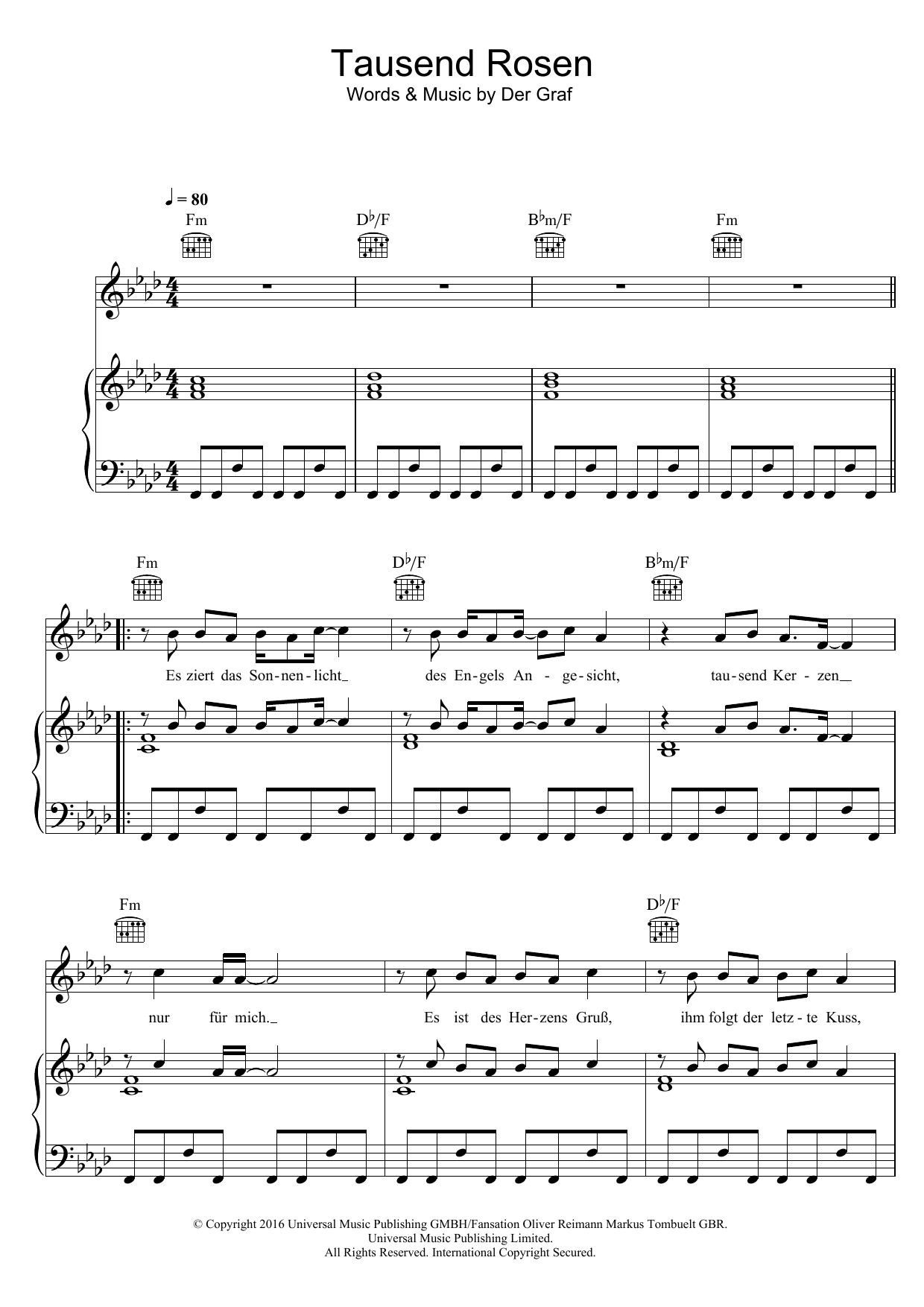 Download Unheilig Tausend Rosen Sheet Music and learn how to play Piano, Vocal & Guitar (Right-Hand Melody) PDF digital score in minutes