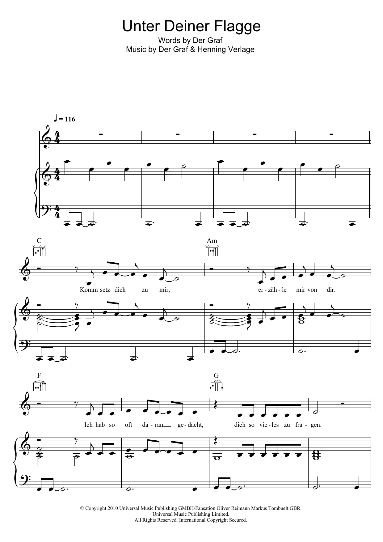 Download Unheilig Unter Deiner Flagge Sheet Music and learn how to play Piano, Vocal & Guitar (Right-Hand Melody) PDF digital score in minutes