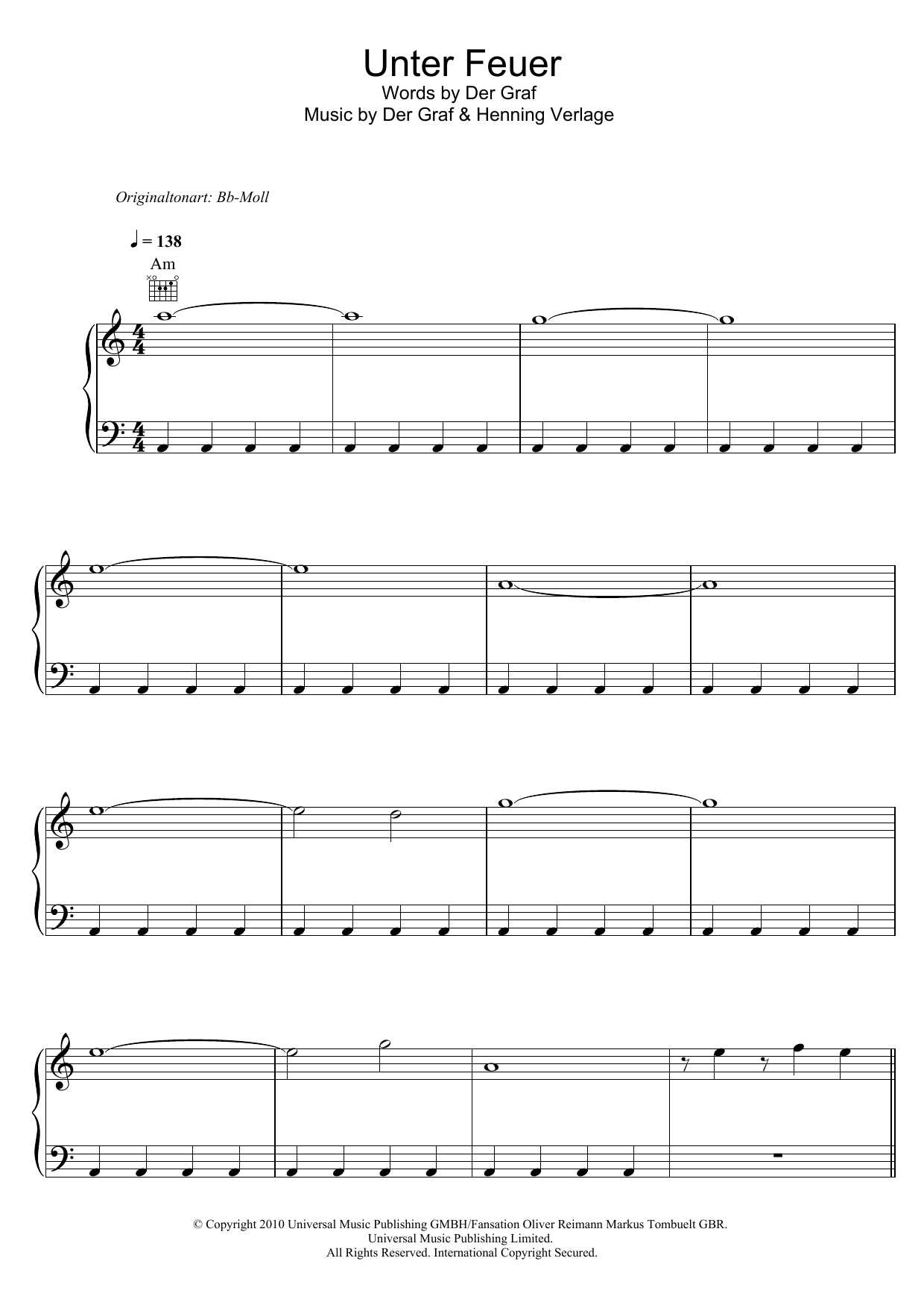 Download Unheilig Unter Feuer Sheet Music and learn how to play Piano, Vocal & Guitar (Right-Hand Melody) PDF digital score in minutes
