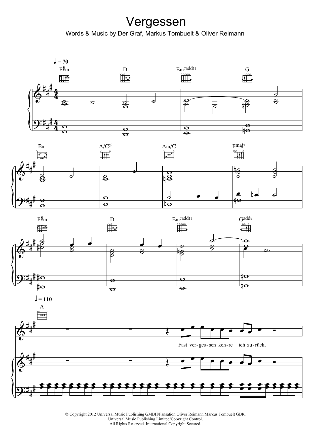 Download Unheilig Vergessen Sheet Music and learn how to play Piano, Vocal & Guitar (Right-Hand Melody) PDF digital score in minutes