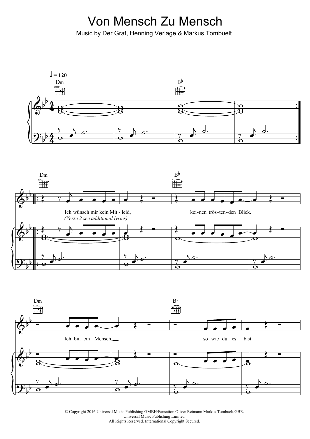 Download Unheilig Von Mensch Zu Mensch Sheet Music and learn how to play Piano, Vocal & Guitar (Right-Hand Melody) PDF digital score in minutes