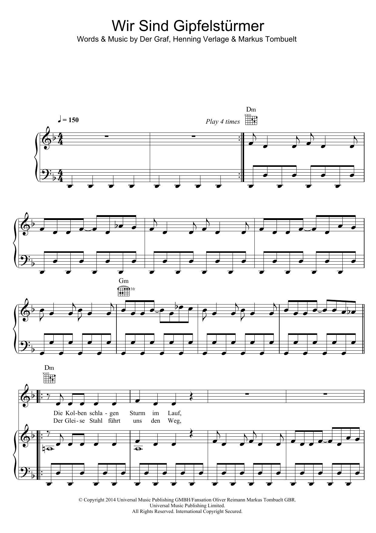 Download Unheilig Wir Sind Die Gipfelstürmer Sheet Music and learn how to play Piano, Vocal & Guitar (Right-Hand Melody) PDF digital score in minutes