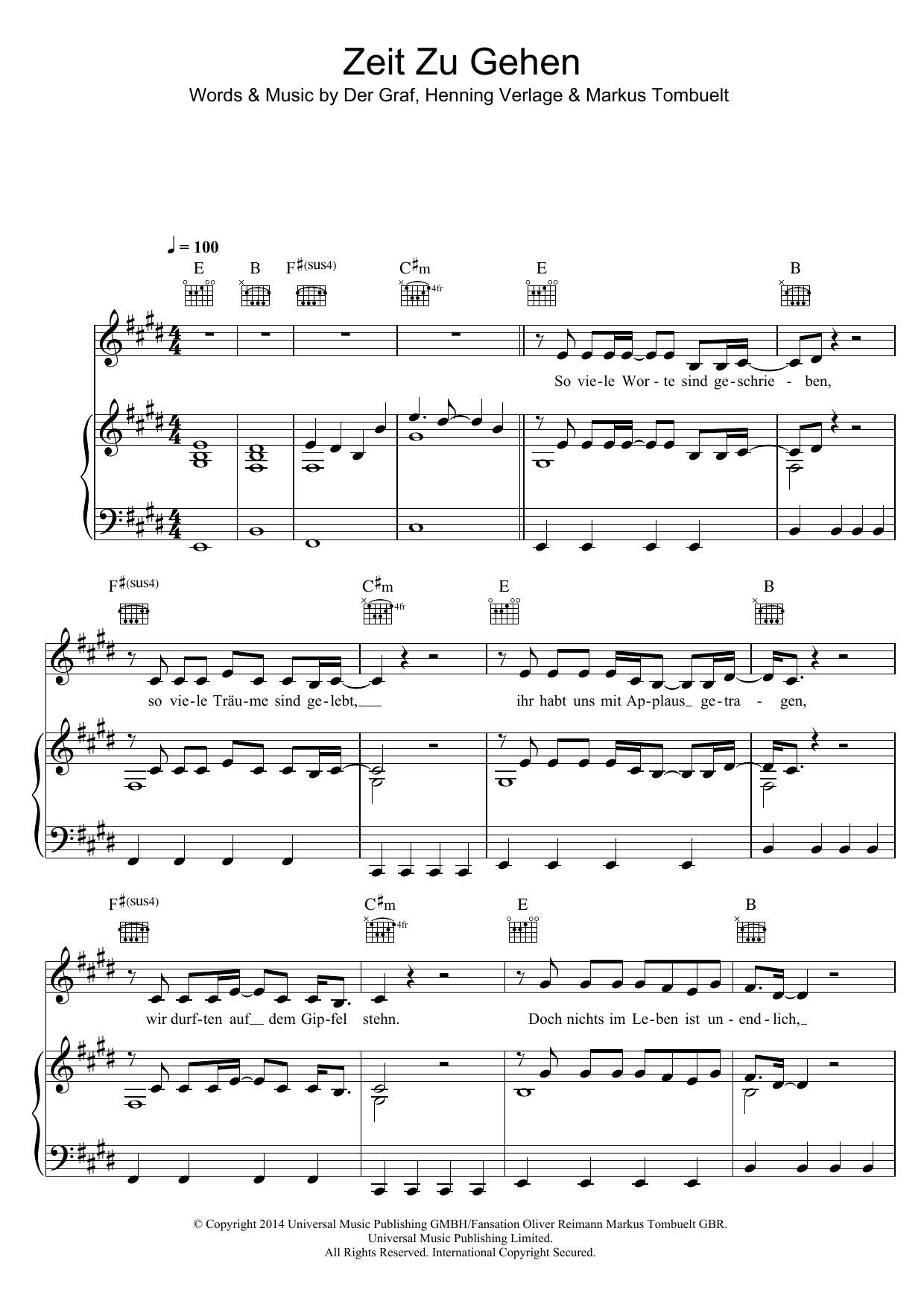 Download Unheilig Zeit Zu Gehen Sheet Music and learn how to play Piano, Vocal & Guitar (Right-Hand Melody) PDF digital score in minutes