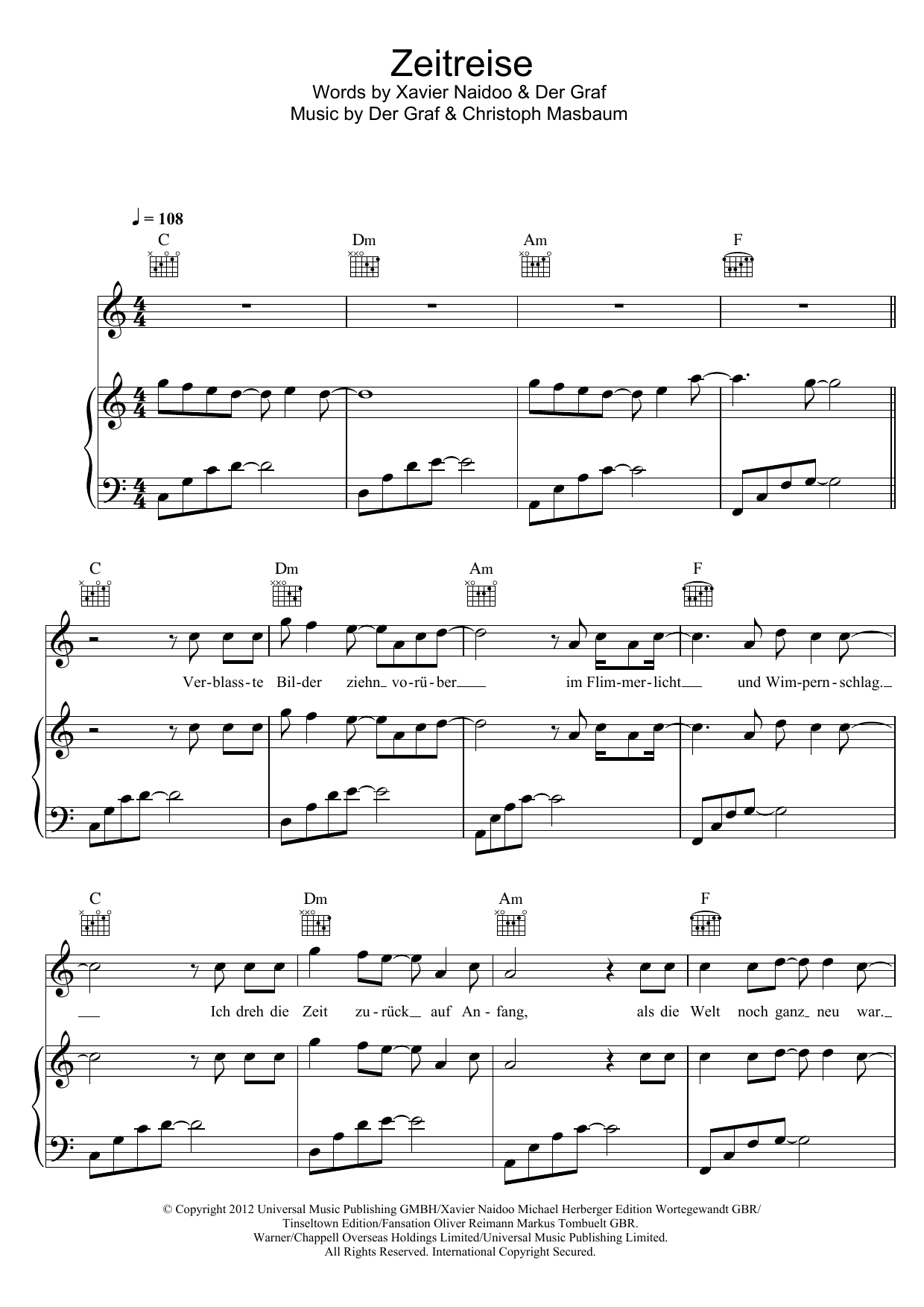 Download Unheilig Zeitreise Sheet Music and learn how to play Piano, Vocal & Guitar (Right-Hand Melody) PDF digital score in minutes