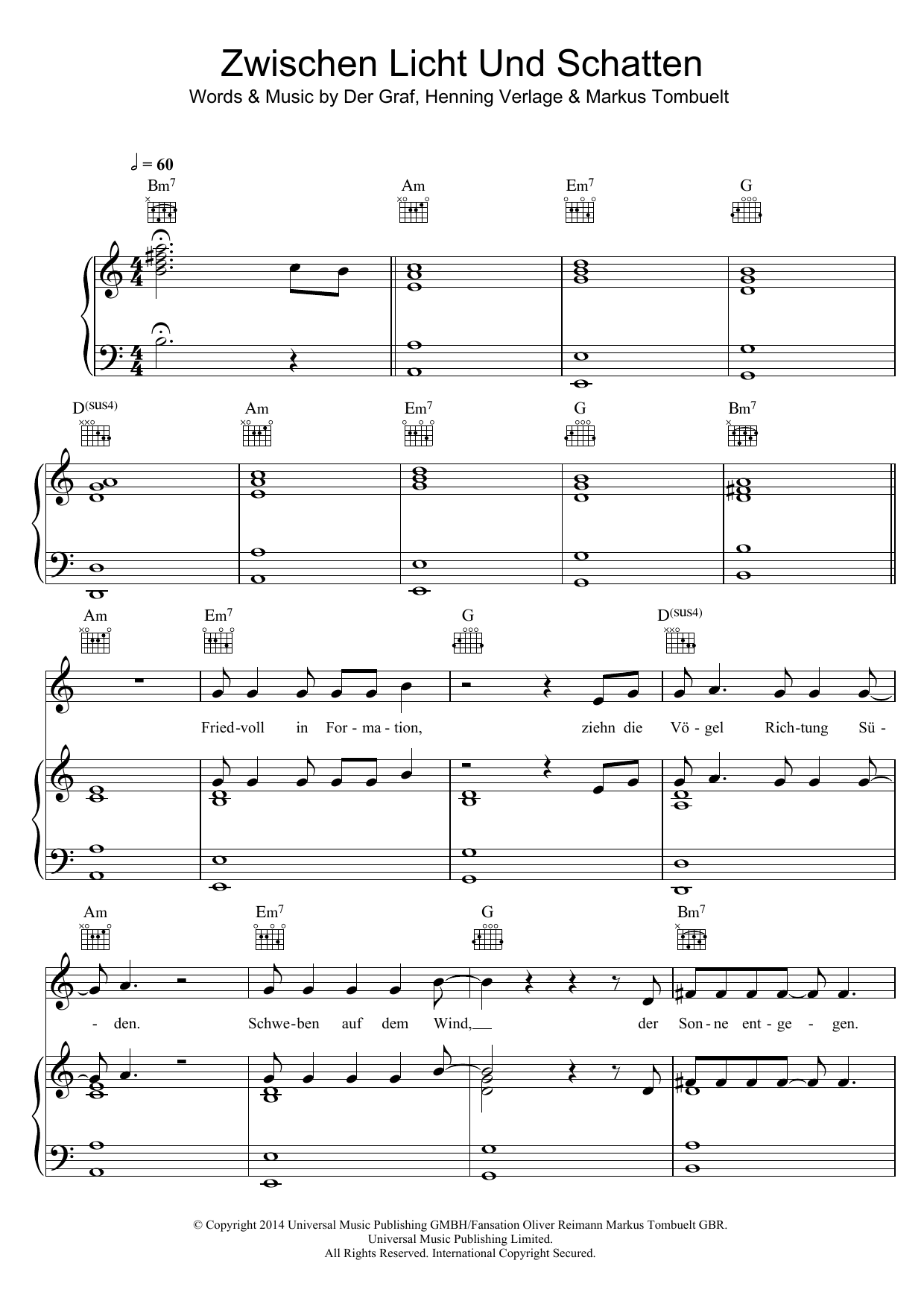 Download Unheilig Zwischen Licht und Schatten Sheet Music and learn how to play Piano, Vocal & Guitar (Right-Hand Melody) PDF digital score in minutes