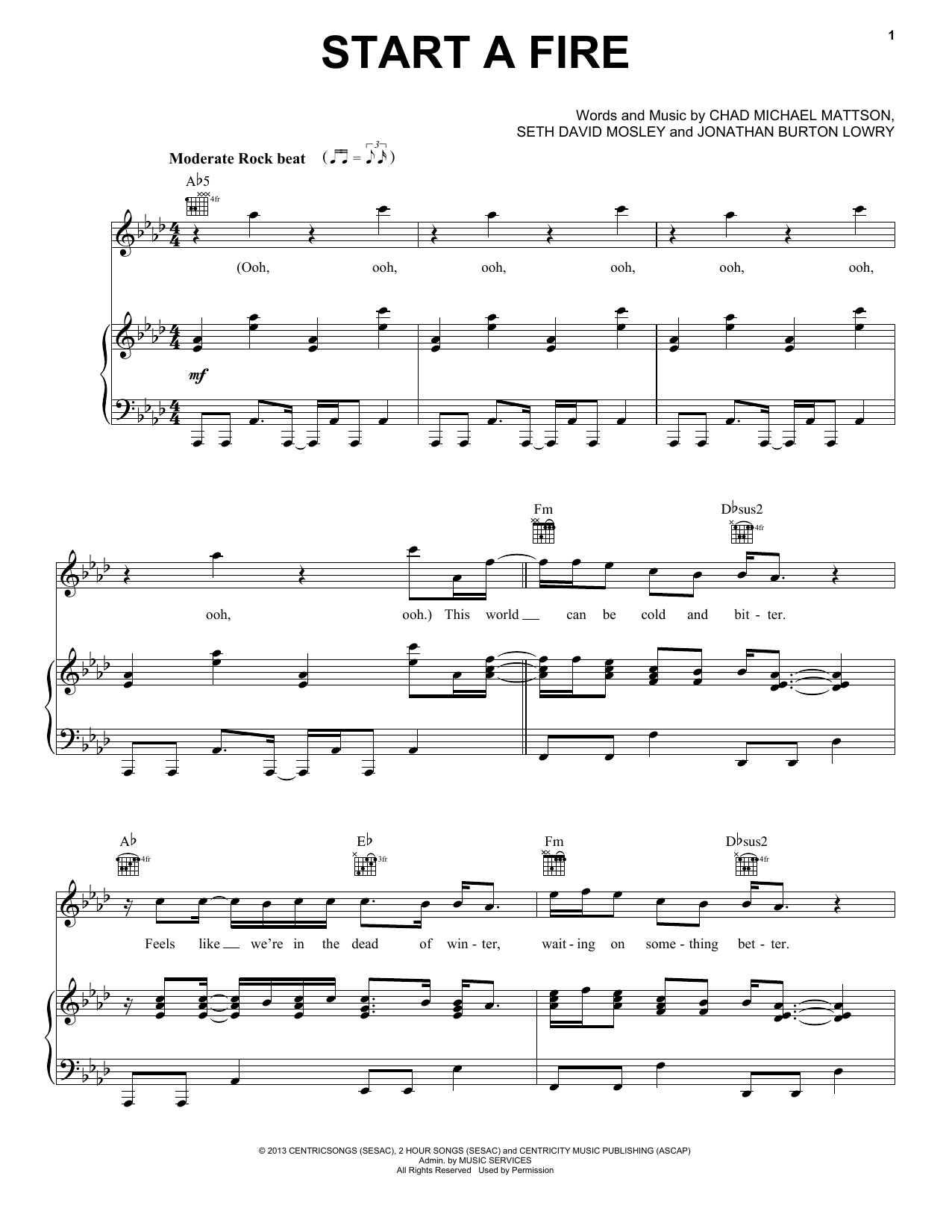 Download Seth David Mosley Start A Fire Sheet Music and learn how to play Piano, Vocal & Guitar (Right-Hand Melody) PDF digital score in minutes