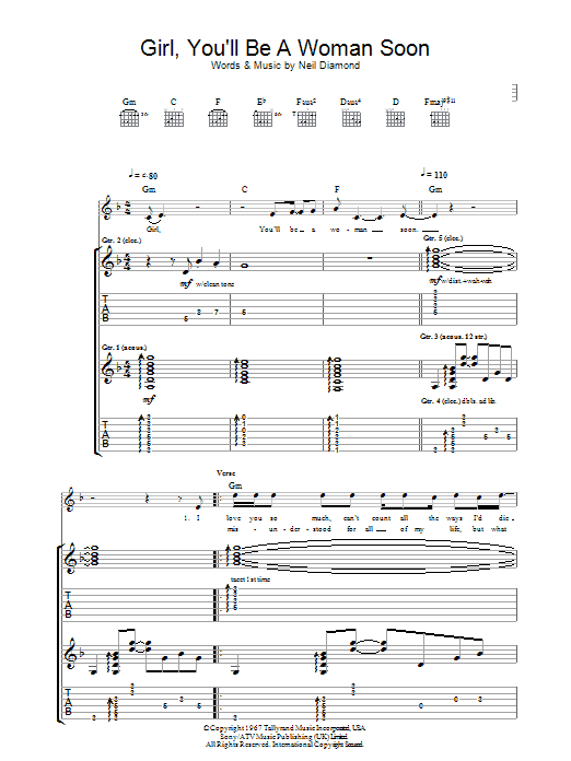 Download Urge Overkill Girl, You'll Be A Woman Soon (from Pulp Fiction) Sheet Music and learn how to play Guitar Tab PDF digital score in minutes