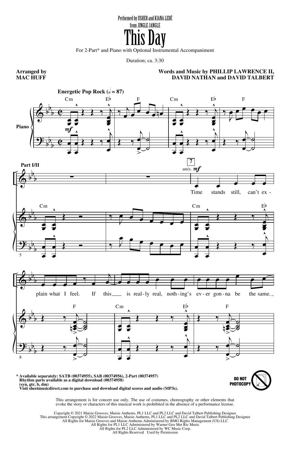 Download Usher and Kiana Ledé This Day (from Jingle Jangle) (arr. Mac Huff) Sheet Music and learn how to play 2-Part Choir PDF digital score in minutes