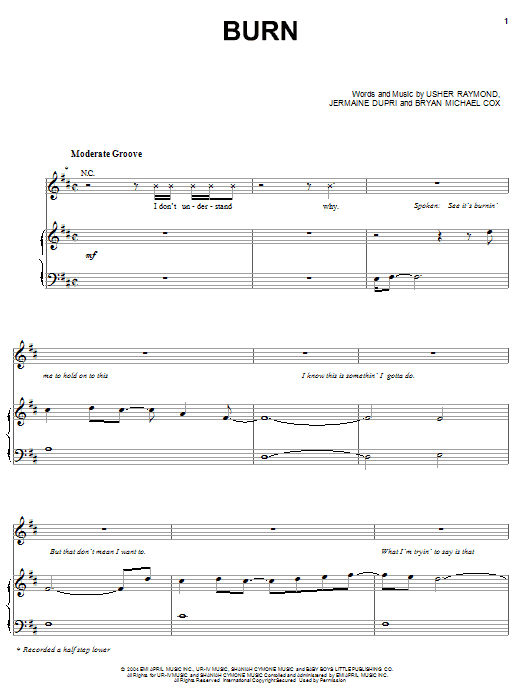 Download Usher Burn Sheet Music and learn how to play Piano, Vocal & Guitar (Right-Hand Melody) PDF digital score in minutes