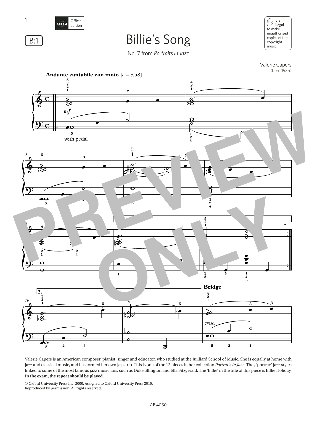 Download Valerie Capers Billie's Song (Grade 4, list B1, from the ABRSM Piano Syllabus 2023 & 2024) Sheet Music and learn how to play Piano Solo PDF digital score in minutes