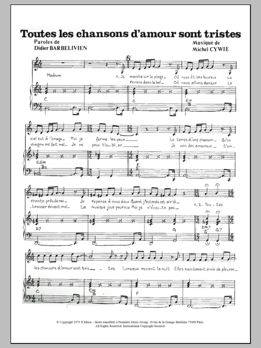 Download Valery Francois Toutes Les Chansons D'amour Sont Tristes Sheet Music and learn how to play Piano & Vocal PDF digital score in minutes