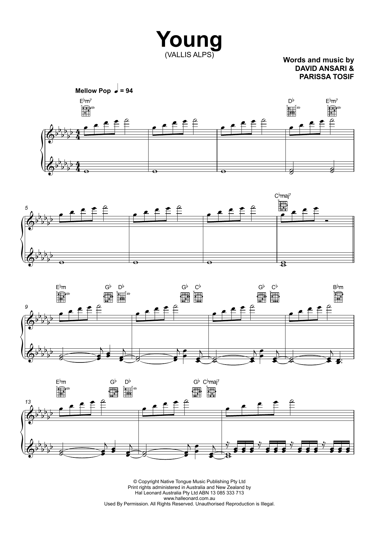 Download Vallis Alps Young Sheet Music and learn how to play Piano, Vocal & Guitar Chords (Right-Hand Melody) PDF digital score in minutes