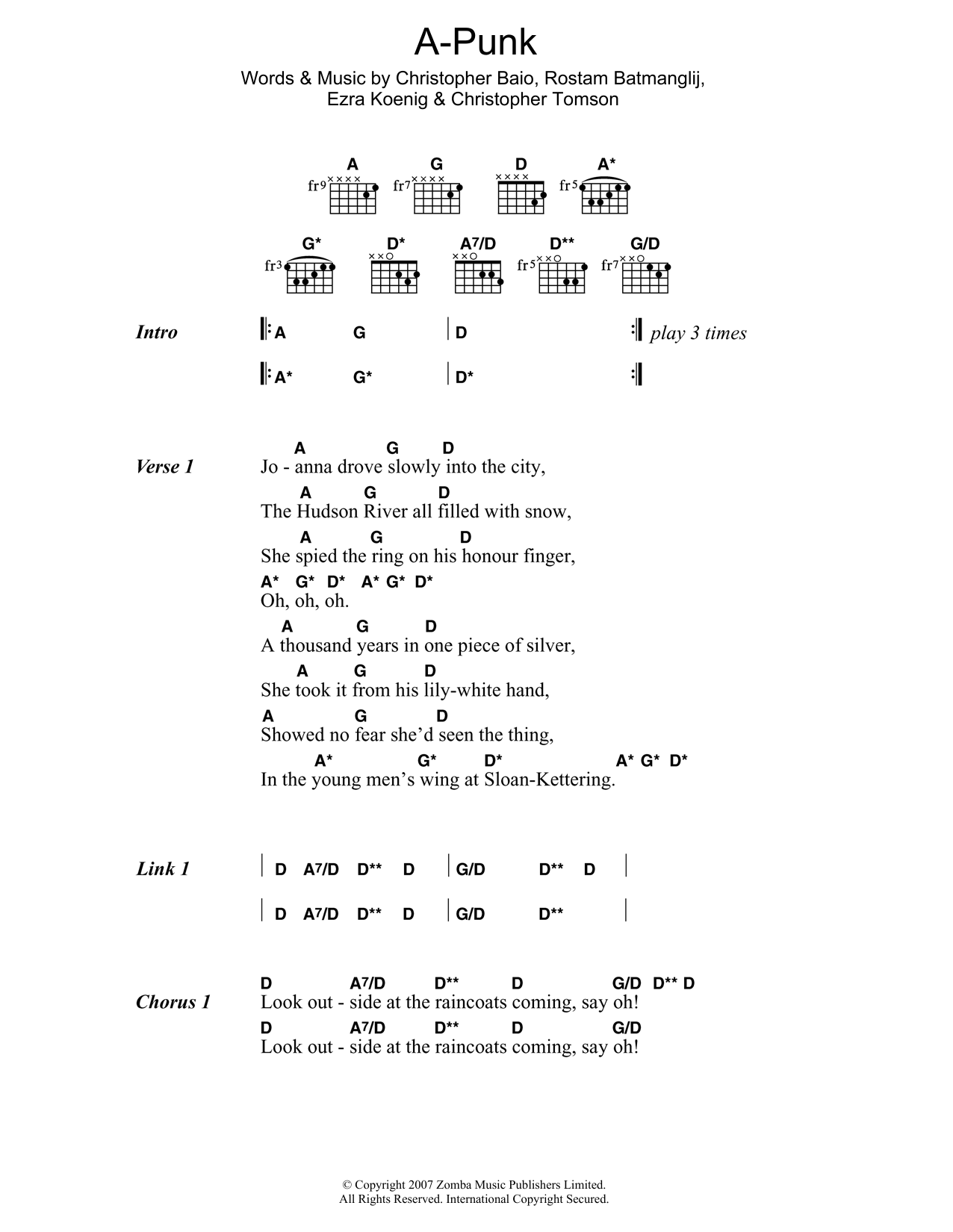 Download Vampire Weekend A-Punk Sheet Music and learn how to play Lyrics & Chords PDF digital score in minutes