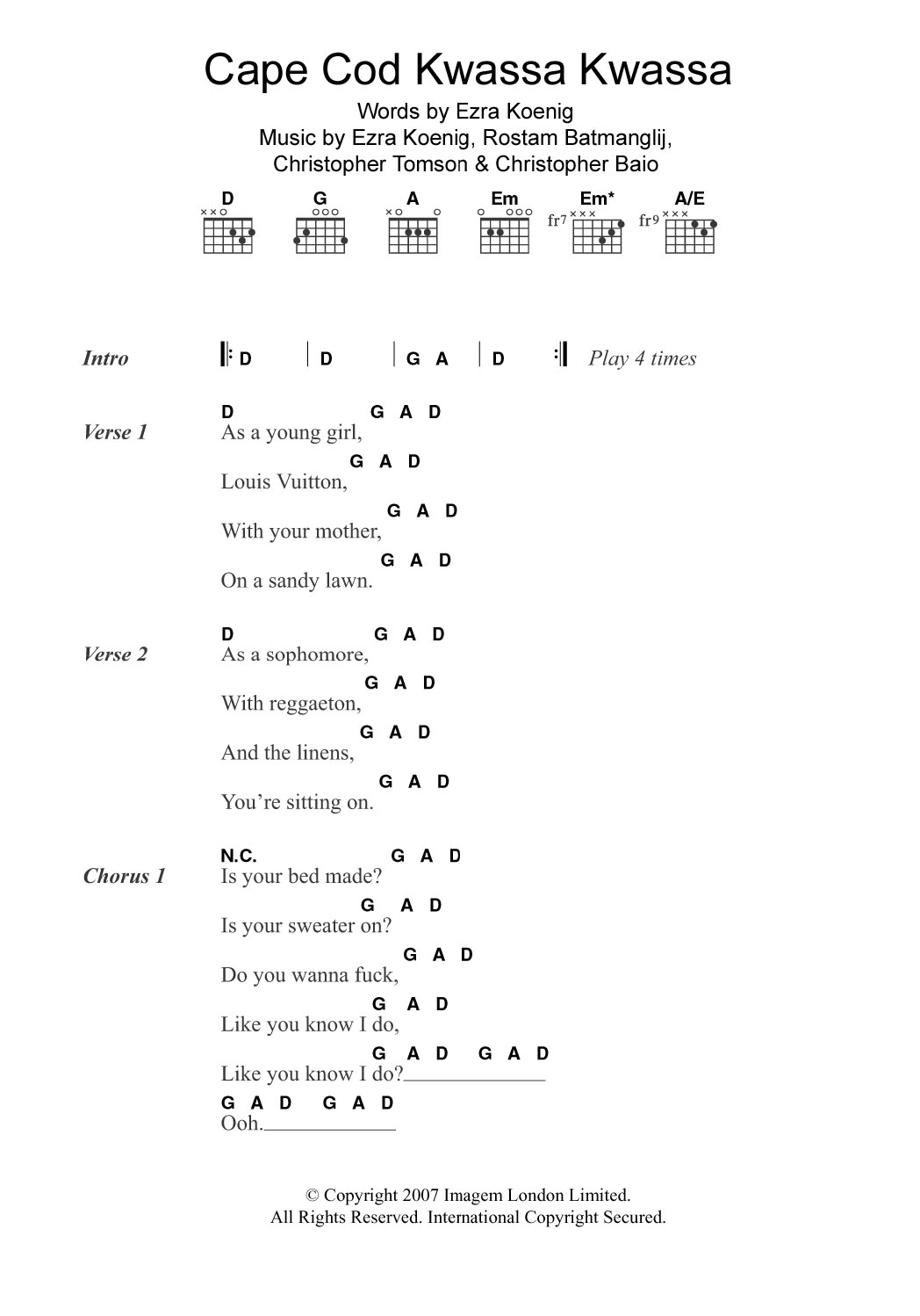 Download Vampire Weekend Cape Cod Kwassa Kwassa Sheet Music and learn how to play Lyrics & Chords PDF digital score in minutes