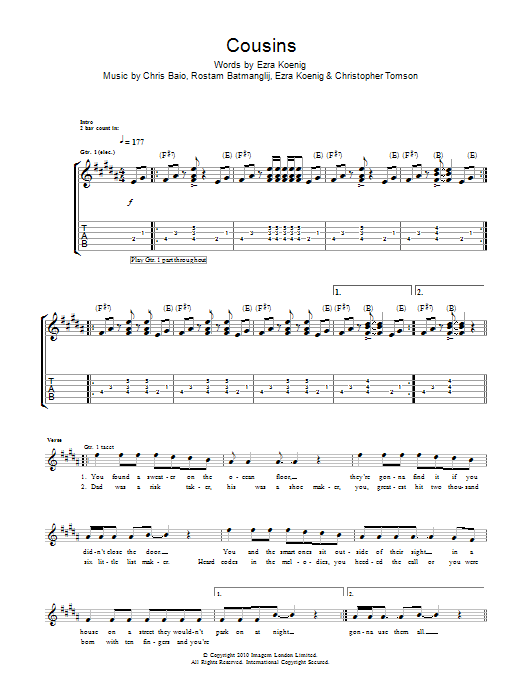 Download Vampire Weekend Cousins Sheet Music and learn how to play Lyrics & Chords PDF digital score in minutes