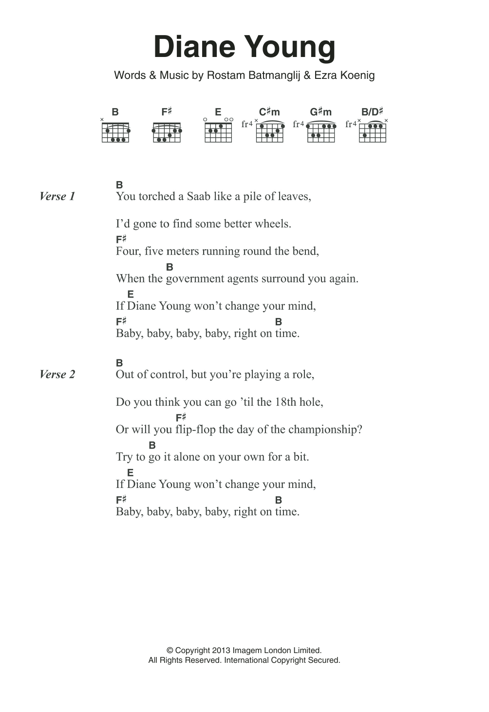 Download Vampire Weekend Diane Young Sheet Music and learn how to play Lyrics & Chords PDF digital score in minutes