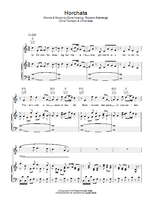 Download Vampire Weekend Horchata Sheet Music and learn how to play Piano, Vocal & Guitar (Right-Hand Melody) PDF digital score in minutes