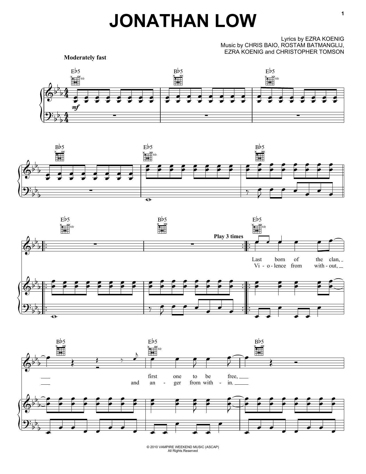 Download Vampire Weekend Jonathan Low (from The Twilight Saga: Eclipse) Sheet Music and learn how to play Piano, Vocal & Guitar Chords (Right-Hand Melody) PDF digital score in minutes