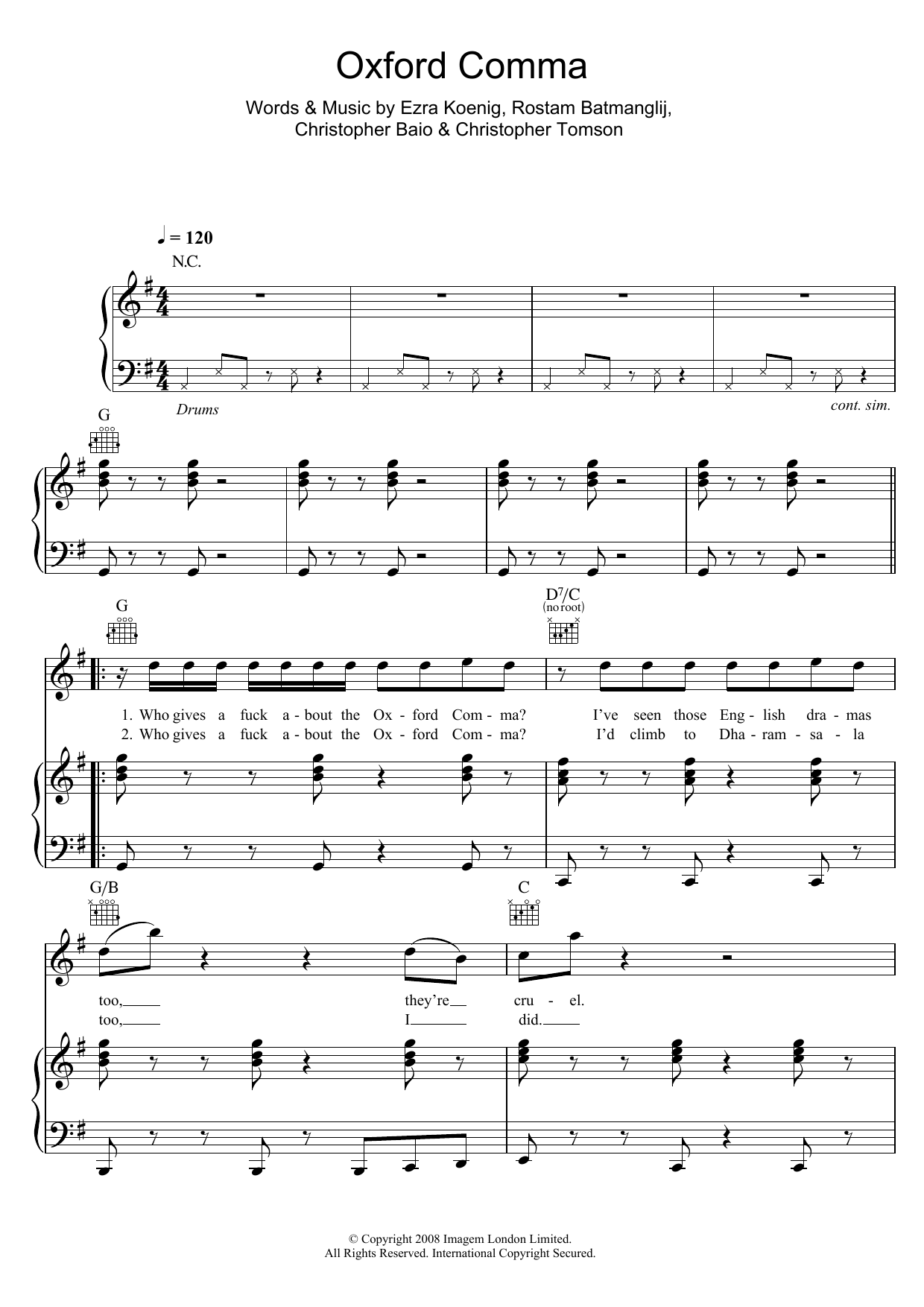 Download Vampire Weekend Oxford Comma Sheet Music and learn how to play Piano, Vocal & Guitar PDF digital score in minutes