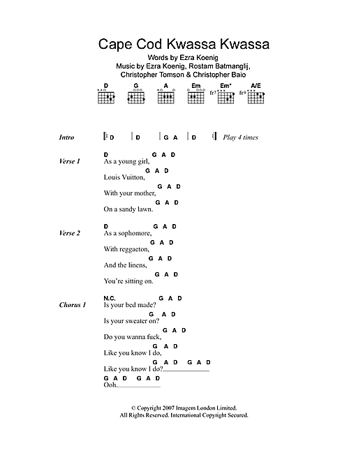 Download Vampire Weekend Cape Cod Kwassa Kwassa Sheet Music and learn how to play Lyrics & Chords PDF digital score in minutes