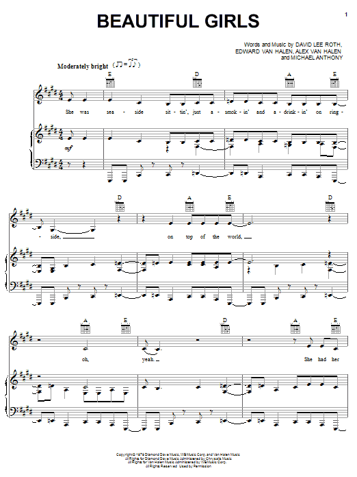 Download Van Halen Beautiful Girls Sheet Music and learn how to play Piano, Vocal & Guitar (Right-Hand Melody) PDF digital score in minutes