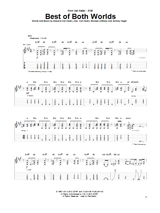 Download Van Halen Best Of Both Worlds Sheet Music and learn how to play Easy Guitar Tab PDF digital score in minutes