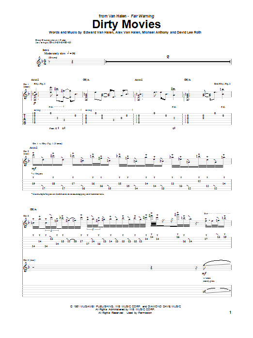 Download Van Halen Dirty Movies Sheet Music and learn how to play Guitar Tab PDF digital score in minutes