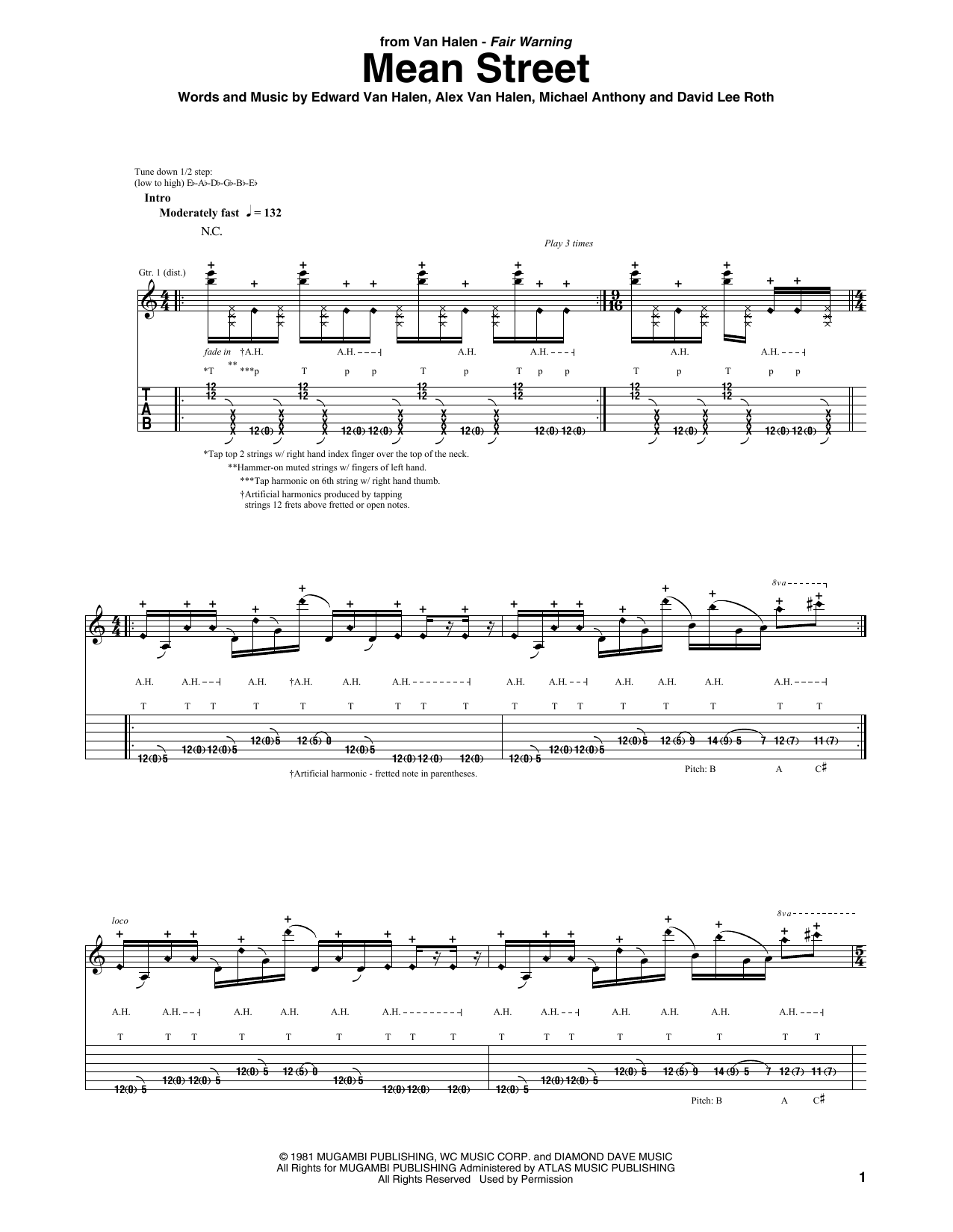 Download Van Halen Mean Street Sheet Music and learn how to play Guitar Tab PDF digital score in minutes